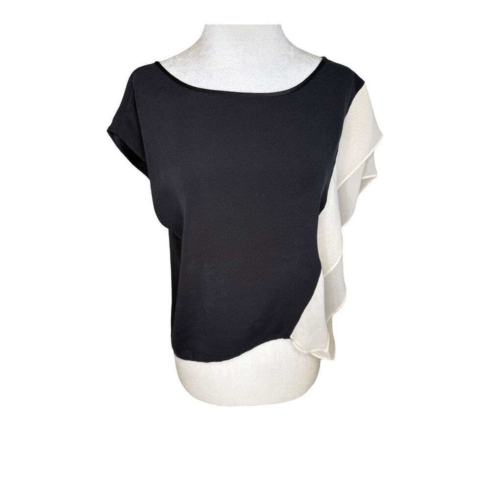 Ramy Brook Women's XS Black White Silk Asymmetrical Ruffle Blouse